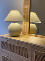 Orb Crème terracotta lamp in Pakistan with antique white textured surface